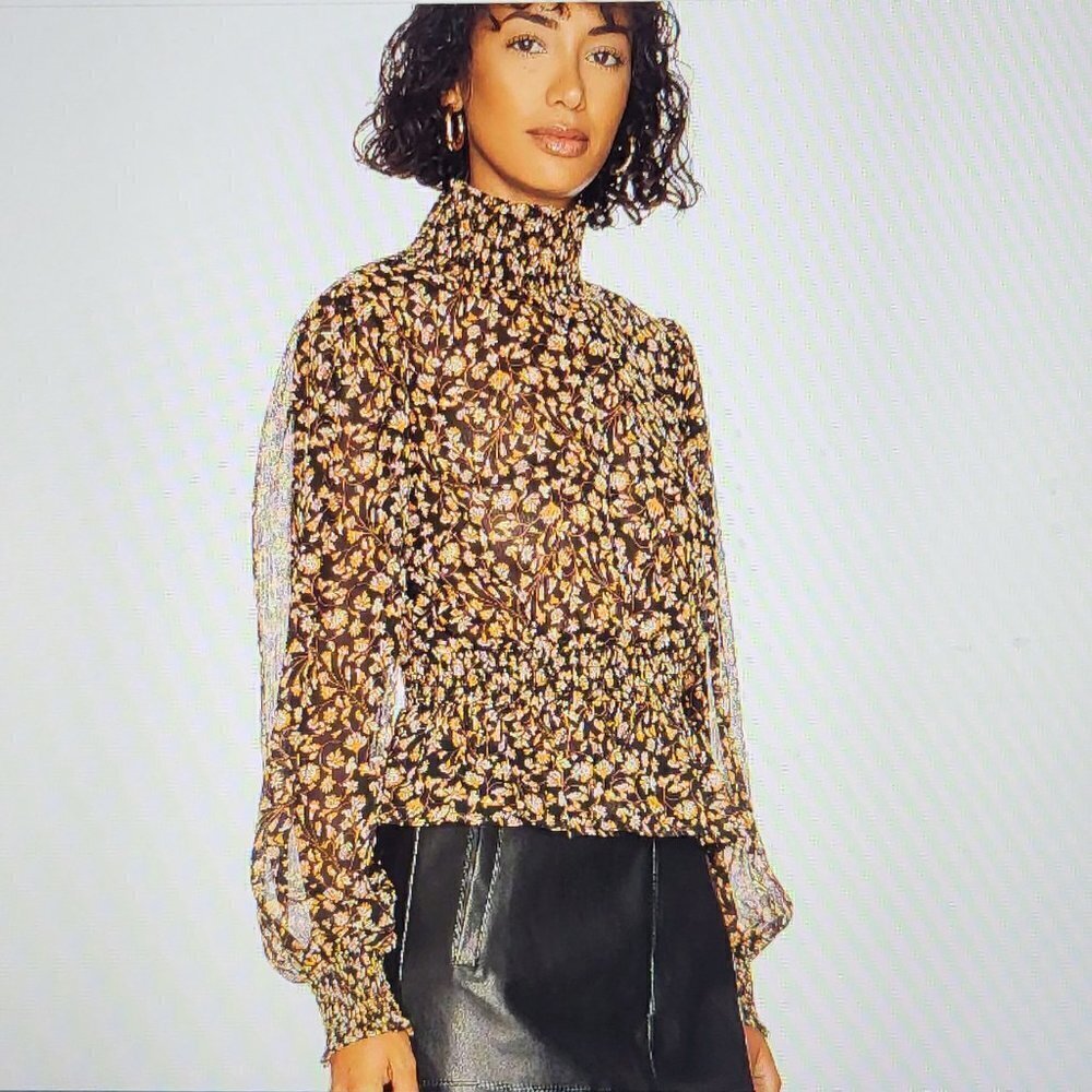 Mira Shirred Blouse MINKPINK sheer Black/Brown high collared Blouse Sz: L NWT - Picture 2 of 11